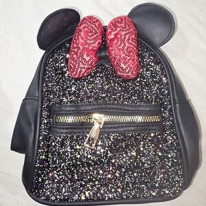 New Girls Black Glitter Mini Minnie Mouse Disney Backpack with Pink Sequin Bow